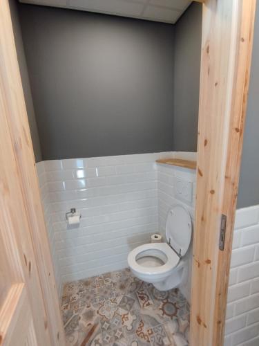 a bathroom with a white toilet in a room at Eriba Troll aus 1972 in Sandau