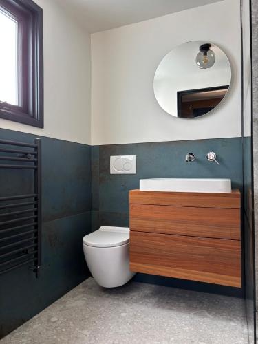 a bathroom with a toilet and a sink and a mirror at Huisje van Hans in Ermelo