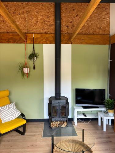a living room with a fireplace and a tv at Huisje van Hans in Ermelo