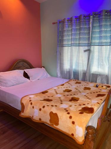 a bedroom with a bed with a brown comforter at Aru Homestay Hampi in New Hampi