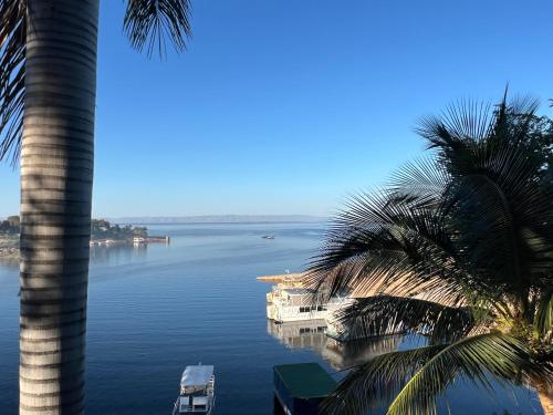 a palm tree and a boat in the water at Lake Kariba Inns in Siavonga