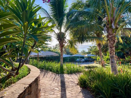 a path between two palm trees in a park at Lake Kariba Inns in Siavonga