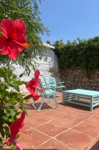 a bench and a table and a red flower at Agroturismo Matxani Gran in Sant Climent
