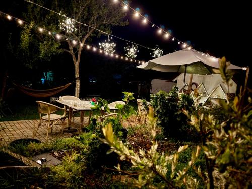 a garden with a table and lights at night at Langaland Glamping in Susenii Bîrgăului
