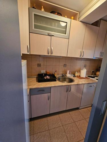 a kitchen with a sink and a microwave at Apartman Glavna in Kragujevac