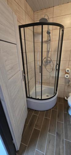 a shower with a glass door in a bathroom at Chmurka in Górno
