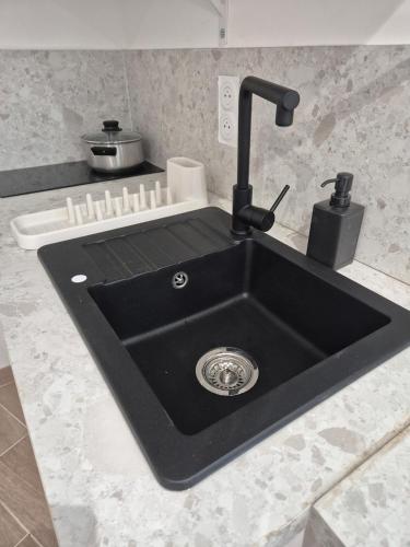 a kitchen counter with a black sink in a kitchen at Studio Dijon centre et facultés in Dijon