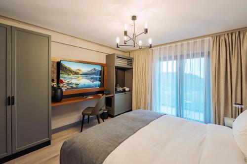 a hotel room with a bed and a desk at Ikabane in Agapia