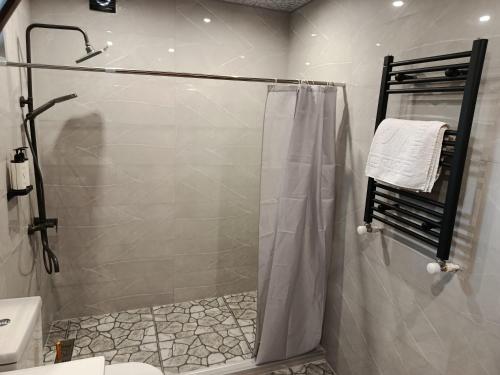 a shower with a glass door in a bathroom at Taba Hall Boutique Hotel in Akhaltsikhe