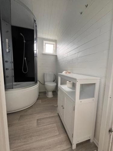 a white bathroom with a toilet and a sink at BIAŁE DOMKI in Rusinowo