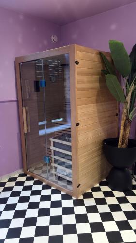 a cabinet with a potted plant in a room at My Funky House - Manage - Spa, jacuzzi, billard, cinéma, Nintendo Switch, karaoké in Manage