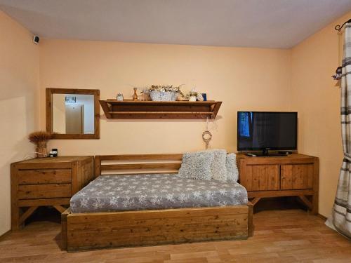 a bedroom with a bed and a flat screen tv at Fatrapark 1 Apartments in Ružomberok