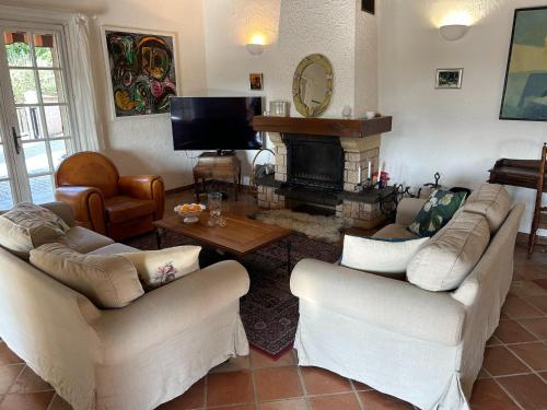 een woonkamer met twee banken en een open haard bij Holiday Home in Lorgues with Pool in Lorgues