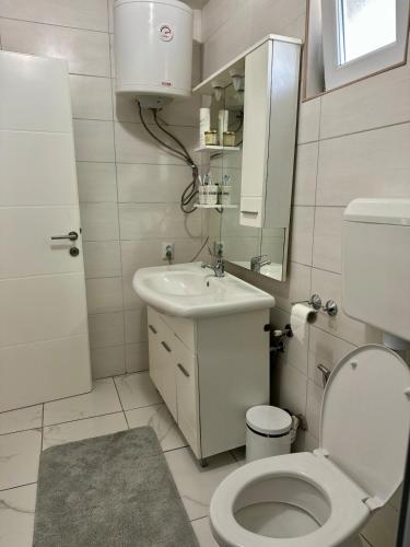a small bathroom with a toilet and a sink at Hilltop Family House Panoramic Views in Dobrnja