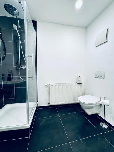 a bathroom with a toilet and a glass shower at Spacious 5BR shared Apartment Near Kaufpark Alterlaa in Vienna