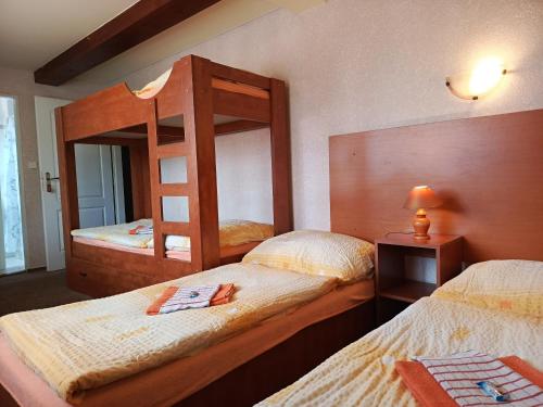 a bedroom with two beds and a bunk bed at Penzion U Potoka in Nezdice