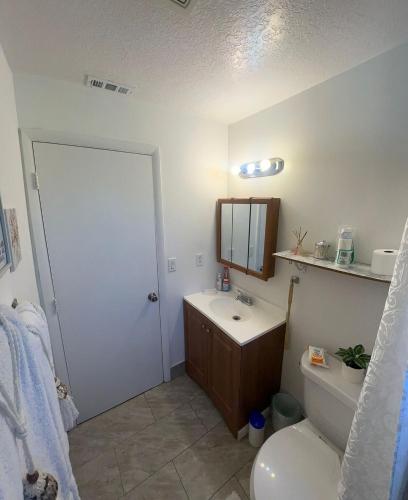 a bathroom with a toilet and a sink and a mirror at Charming home near art & culture in Greenacres City