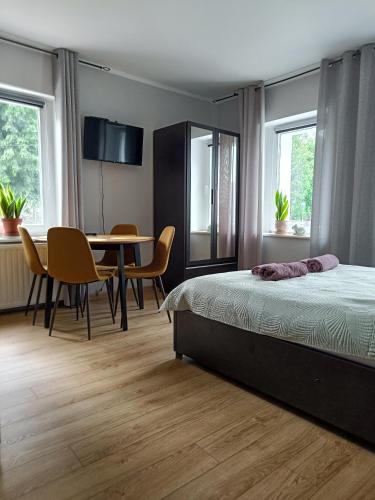 a bedroom with a bed and a table and chairs at Pokoje gościnne Cyraneczka in Lądek-Zdrój