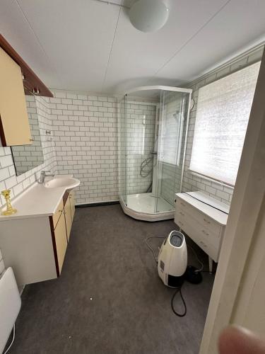 a bathroom with a shower and a sink and a toilet at Sula in Frøya