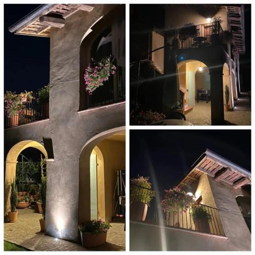 a collage of pictures of a building with potted plants at Casa Nonna Ada in Cisterna dʼAsti