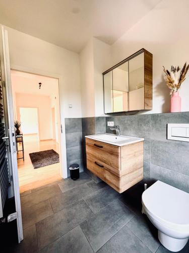 a bathroom with a sink and a toilet at Pfalzliebe Ferienwohnung Emilia in Dahn