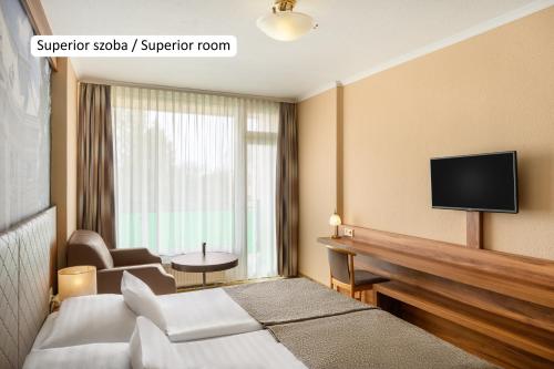 a hotel room with a bed and a flat screen tv at Aranyhomok Business-City-Wellness Hotel in Kecskemét