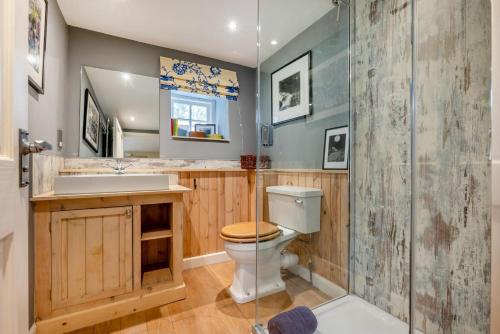 a bathroom with a toilet and a sink and a shower at Little Lanherne Farm Cottage in Saint Mawgan