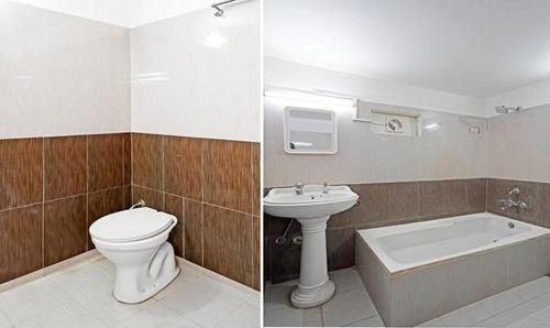 two pictures of a bathroom with a toilet and a sink at Hotel Bridge in Ahmedabad