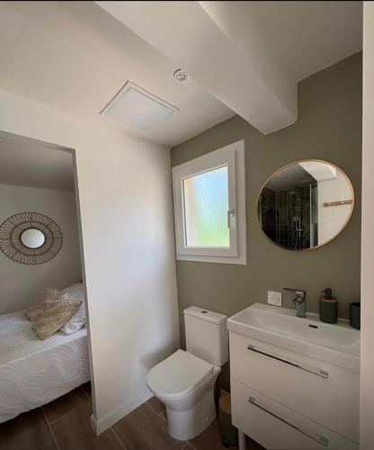 a bathroom with a toilet and a sink and a mirror at Maison in Lamonzie-Saint-Martin