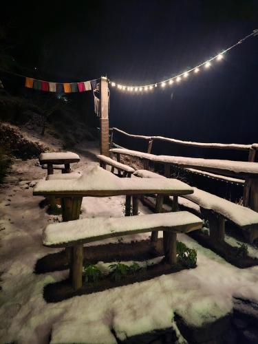 a group of picnic tables covered in snow at night at Parvatis Lap Luxury Hostel & Camps in Kasol