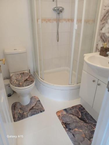 a bathroom with a shower and a toilet and a sink at Luton Homes in Luton