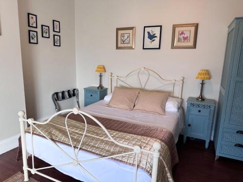 a bedroom with a bed and two blue cabinets at Balham Lodge in London
