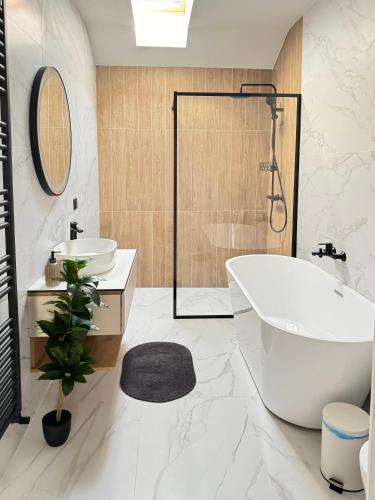 a bathroom with a tub and a sink and a shower at Cara Grand Chalet in Braşov