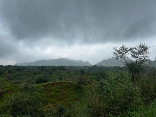 a view of a field with mountains in the background at R-Pragya Farmstay in Amarsar