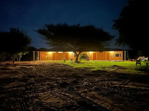 a tree in front of a building at night at R-Pragya Farmstay in Amarsar