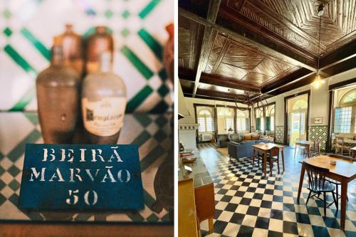 two pictures of a restaurant with a bottle of wine at Train Spot Guesthouse in Marvão