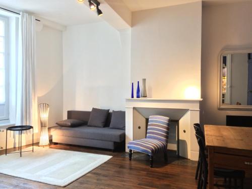 a living room with a couch and a fireplace at Sur la Route de Beauval in Saint-Aignan