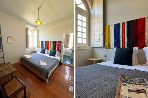 two pictures of a bedroom with a bed and a table at Train Spot Guesthouse in Marvão