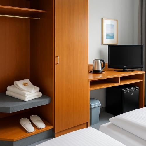a bedroom with a desk with a tv and a bed at Goldene Gerste in Frankfurt/Main