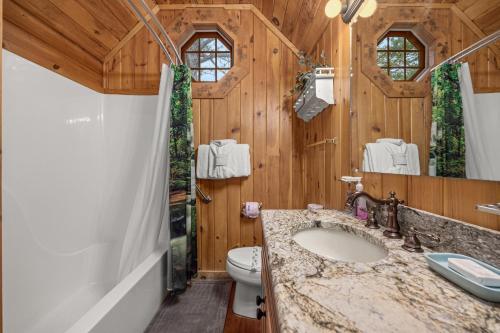 a bathroom with a toilet and a sink at R & R Hideaway by American Patriot Getaways in Hornet