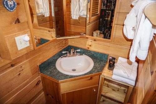 a bathroom with a sink and a mirror at Seclusion by American Patriot Getaways in McCookville