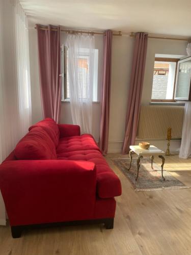 a red couch in a living room with a table at NatureStay in Straßberg