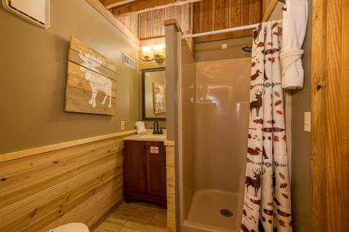 Un baño con ducha, inodoro y lavabo. en Soaring Heights by American Patriot Getaways, en Chalet Village