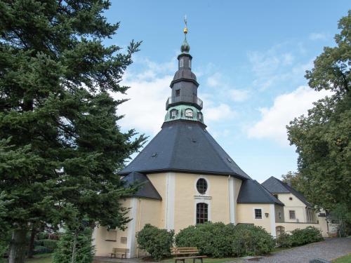 a church with a black roof and a tower at Majestic Stay in Deutschneudorf in Deutschneudorf