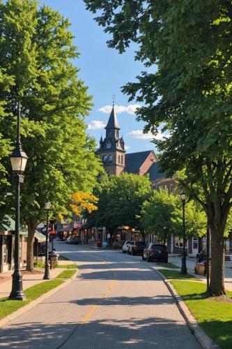 a city street with a clock tower on a building at Cozy Stay 2min to DT Cincinnati & UC Medical Center in Cincinnati