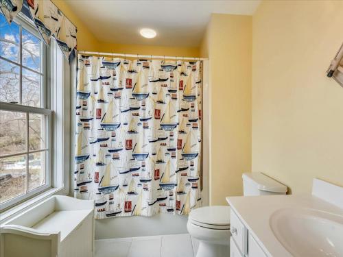 a bathroom with a toilet and a shower curtain at Ferry View in Oxford