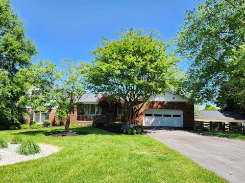 a brick house with a tree and a driveway at Lighthouse Haven in Paradise Island