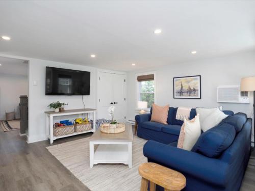a living room with a blue couch and a tv at The Weekender in Mount Pleasant