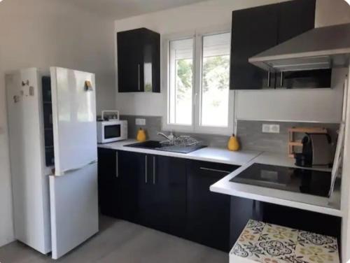 a kitchen with black cabinets and a white refrigerator at Les 3 Poneytes in Gez