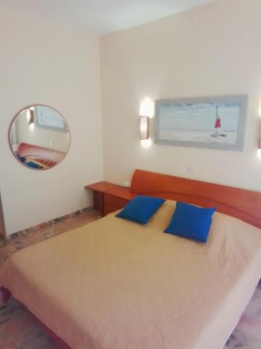 a bedroom with a large bed and a mirror at Quinta do Atlantico in Santa Bárbara de Nexe